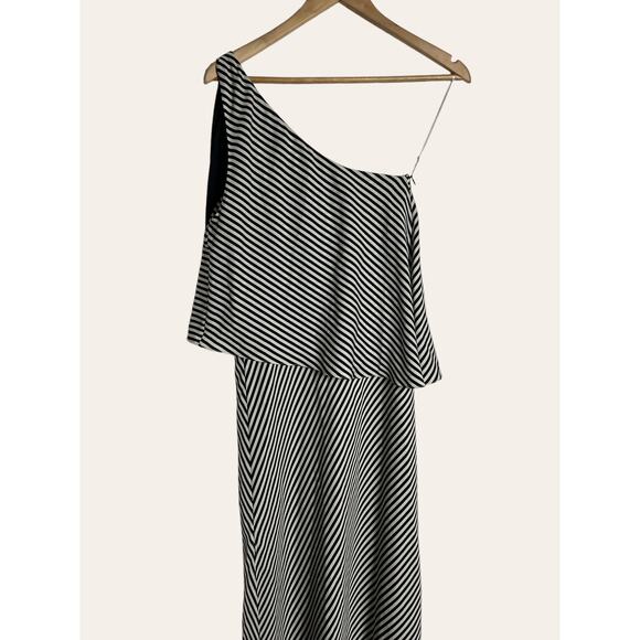 Halston Heritage Black White Striped Asymmetrical One Shoulder Midi Dress  XS - Picture 9 of 12